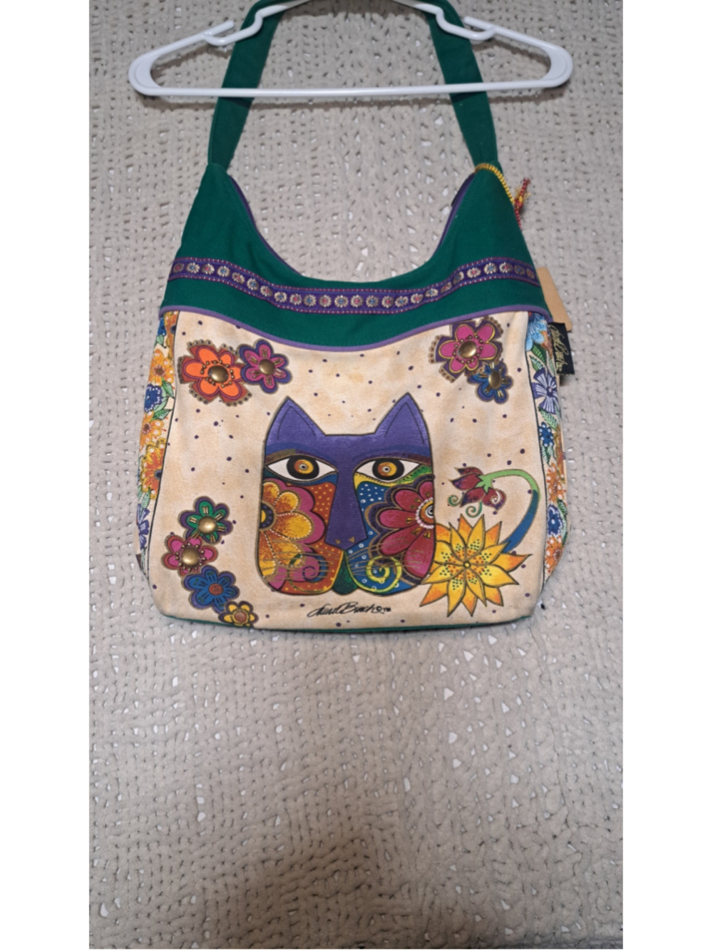 808 - Women's Laurel Burch Shoulder Bag One Size Beige Green Floral Cat Print